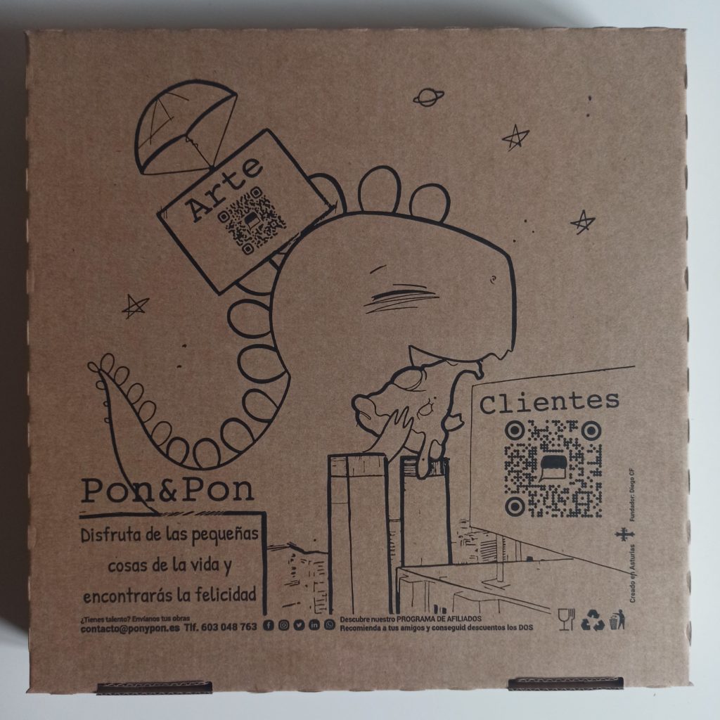 Obra de arte impresa en caja de pizza Pon&pon