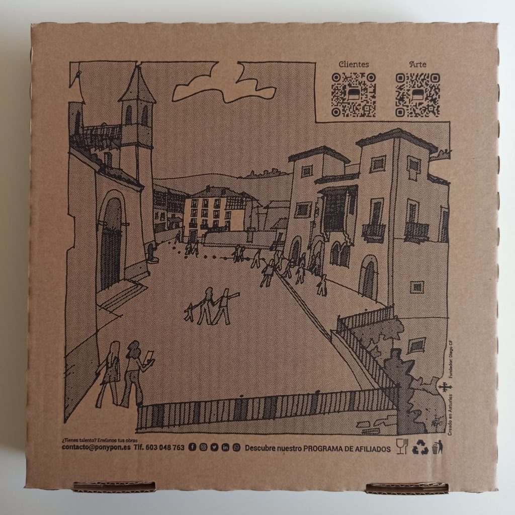 Obra de arte impresa en caja de pizza Pon&pon