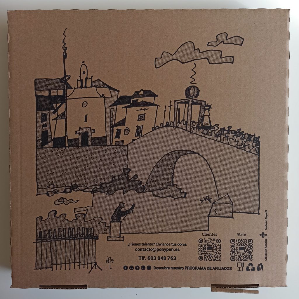 Obra de arte impresa en caja de pizza Pon&pon